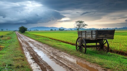 Fototapeta premium Nostalgic Rural Scene with Wooden Cart on Muddy Track