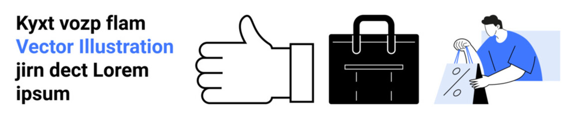 Thumbs up symbol, black briefcase, and person holding shopping bags. Ideal for business endorsements, professionalism, office work, job applications, corporate success, shopping scenarios consumer