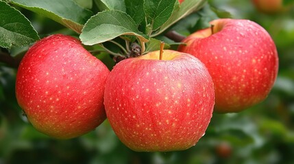 Obraz premium Red apples hanging on a tree branch in an orchard during late summer harvesting season