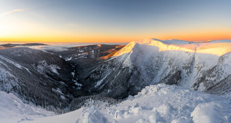 view on valley Obri dul in Krkonose mountains during sunrise in Czech republic