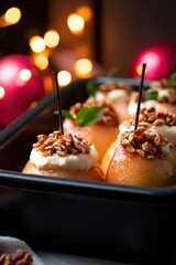 Deliciously Baked Pears Topped with Cream and Crunchy Nuts, Perfectly Arranged on a Dark Plate with Twinkling Holiday Lights in the Background