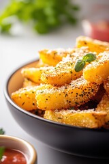 Crispy Golden Fried Potato Wedges Topped with Fresh Herbs and Grated Cheese, Served in a Black Bowl with Dipping Sauce on a Light Background