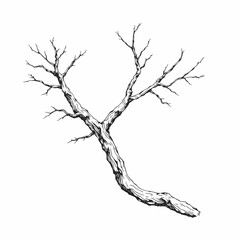 Fototapeta premium Bare Branch Sketch: Elegant line art of a gnarled, leafless branch, perfect for minimalist designs and nature-inspired projects. 