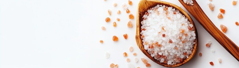 Coarse sea salt in wooden spoon on white background with scattered salt grains.