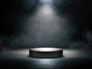 Podium black dark smoke background product platform abstract stage texture fog spotlight. Dark black floor podium dramatic empty night room concrete wall scene place display perfect for black friday