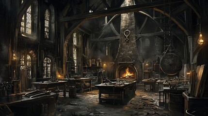 Rustic Blacksmith Shop Interior with Tools and Warm Lighting