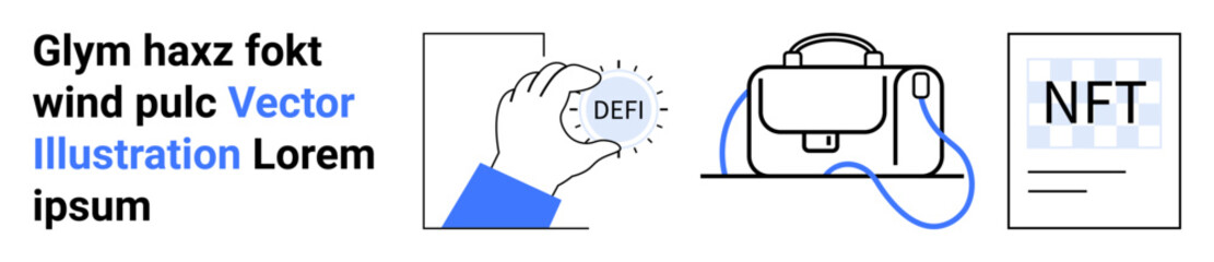 Obraz premium Hand holding DeFi coin, crypto wallet with connection cable, and NFT document. Ideal for blockchain, cryptocurrency, financial technology, digital assets, online security, fintech services
