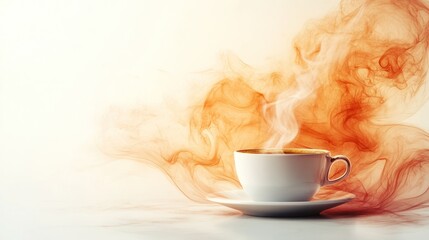 Steaming hot coffee in white cup and saucer.