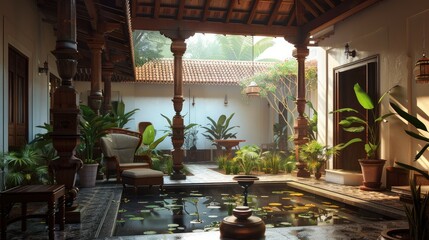 A traditional South Indian home living room with central courtyard and armchair