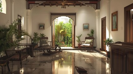A traditional South Indian home living room with central courtyard and armchair