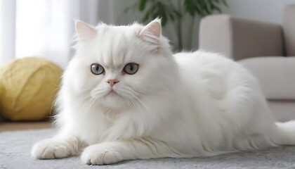 a white persian cat, The adorable white Persian cat is in the living room at home. Pet Animal Concept.