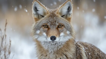 Fototapeta premium Coyote stands in snowy landscape with snowflakes falling in a tranquil natural setting