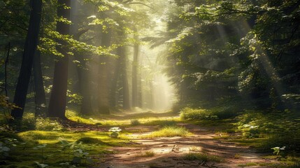 Fototapeta premium A tranquil forest pathway with rays of sunlight filtering through the trees, Stunning Scenic World Landscape Wallpaper Background