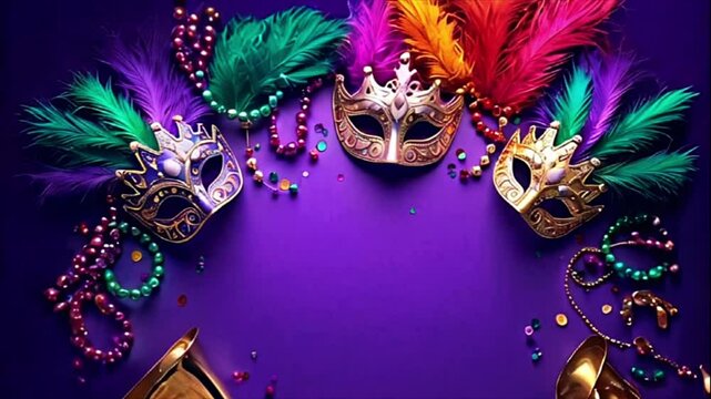 Carnival masks with golden decorations, vibrant feathers and beads on purple background. Mardi Gras party poster, banner, animated template	