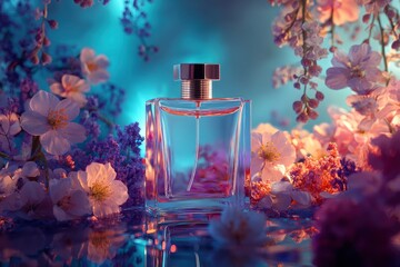 Minimal perfume bottle and flowers all over the set, top light on top of a backaround with water, saturation color scheme, bright light glass refraction, motled shading, studo lighfing, contrast high