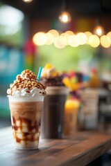 Assorted Gourmet Milkshakes with Whipped Cream and Toppings on a Rustic Wooden Table in a Cozy Café Environment