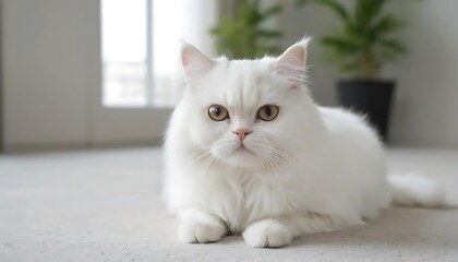 Fototapeta premium a white persian cat, The adorable white Persian cat is in the living room at home. Pet Animal Concept.