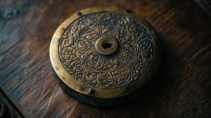 Obraz premium Ornate Antique Lock Plate with Intricate Floral Design on Wood