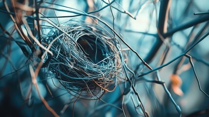Intricate Bird Nest Surrounded by Twisted Branches in Nature's Realm