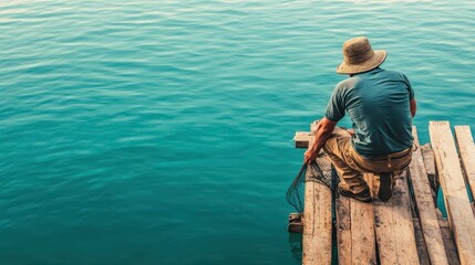Fototapeta premium Fisherman mending a net on a wooden pier, deliberate movements embodying routine, patience, waiting, stability