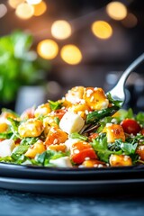 Fresh Gourmet Salad with Colorful Vegetables and Cheese Served on a Black Plate with Blurred Background and Warm Lights
