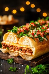 Delicious gourmet sandwich with flavorful ground meat filling, fresh chopped vegetables, and vibrant herbs, served on a rustic wooden board in a cozy setting