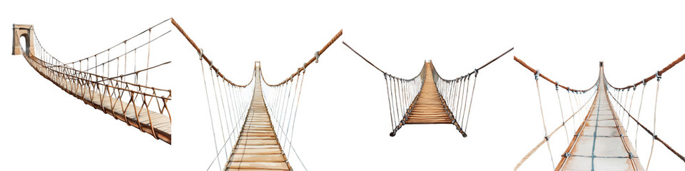 Naklejka premium Suspended Wooden Pathway Crossing Rugged Landscape Adventure Dangerous yet thrilling rope bridge traversing deep ravine or canyon in remote untamed wilderness setting
