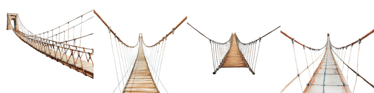 Fototapeta Suspended Wooden Pathway Crossing Rugged Landscape Adventure  Dangerous yet thrilling rope bridge traversing deep ravine or canyon in remote untamed wilderness setting