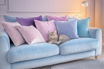 This cozy home ideas setup features a delightful cat resting among soft pillows on a beautifully styled sofa, creating a warm interior of house ambiance.