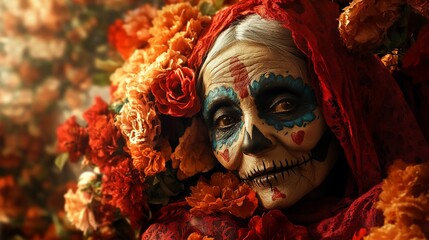 Elderly woman with Catrina makeup, surrounded by orange flowers.