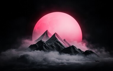 Obraz premium Pink Moonlit Mountainscape Fantasy Cloudscape Artwork