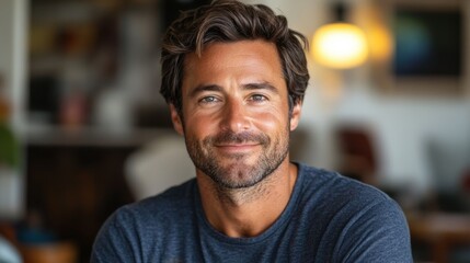 Obraz premium Smiling man enjoying a cozy cafe atmosphere on a sunny afternoon with warm light illuminating the space