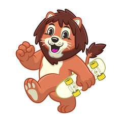 Happy Lion Holding Skateboard Mascot Design