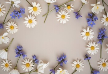 Daisy and bellflower frame on beige background.
