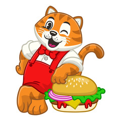 Happy Tiger Lean on Big Burger Cartoon