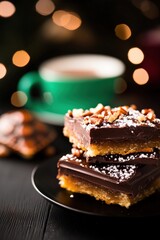 Delicious Decadent Chocolate Bars with Nuts on a Black Plate Against a Blurry Background of Holiday Lights and a Cozy Cup of Hot Beverage