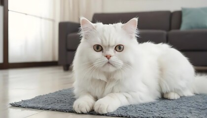 a white persian cat, The adorable white Persian cat is in the living room at home. Pet Animal Concept.