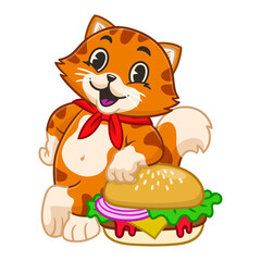 Joyful Cat Chef Mascot leaning on Big Burger