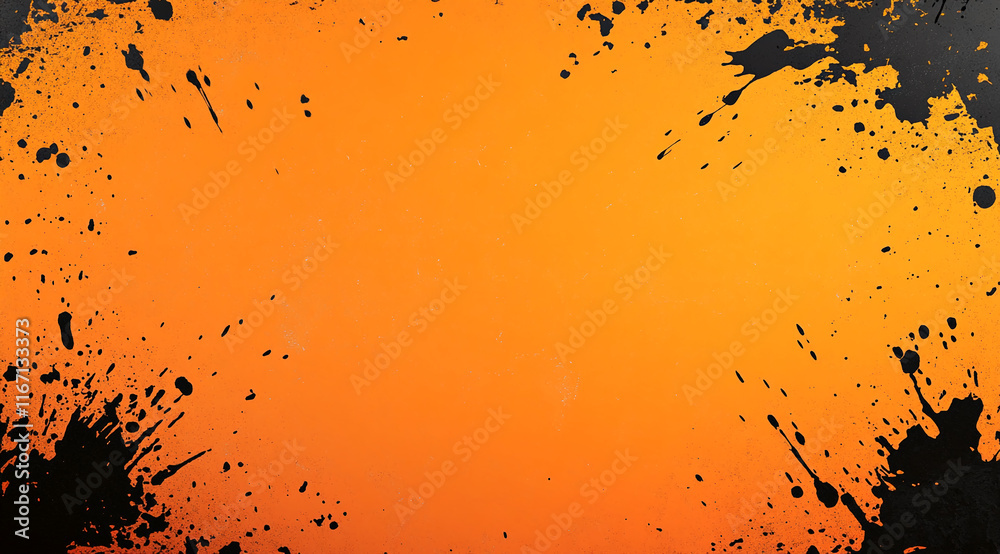 Poster Black ink splashes on an orange background with a vibrant messy pattern