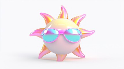 Obraz premium Neon Summer Sun 3D Icon with Sunglasses | Y2K Vibes and Vibrant Colors | High Definition Render on White Background