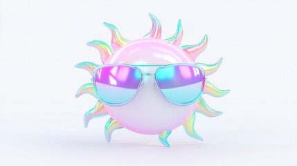 Obraz premium Funky Neon Sun 3D Icon with Sunglasses - Y2K Summer Vibes, Radiant Rays, Smooth Surface, Isolated on White Background