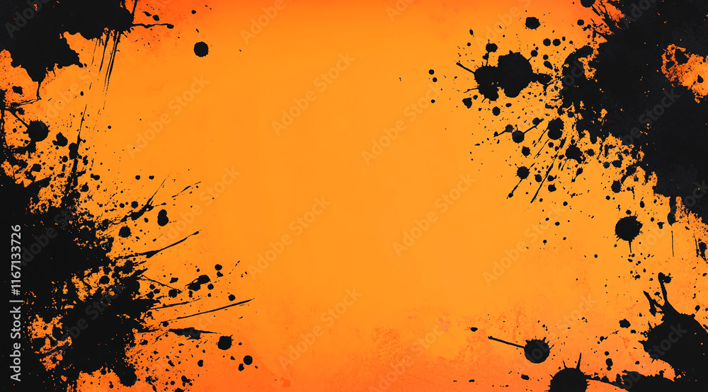 Poster black paint splatters on an orange background creating an abstract design