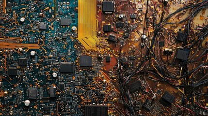 Obraz premium Close-Up View of Electronic Circuit Board with Wires and Components