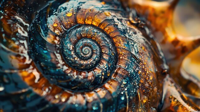 Close-Up Detail of a Beautiful Nautilus Shell with Water Drops