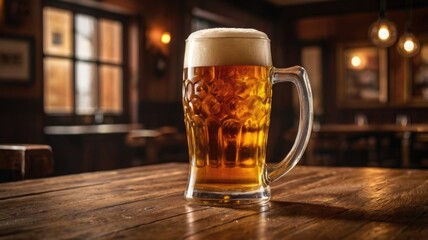 Chilled Glass of Amber Beer on a Wooden Table in a Cozy, Inviting Pub Environment.