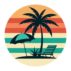 Retro tropical beach logo with a palm tree, umbrella, and sunset stripes, perfect for summer and vacation themes.