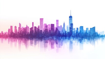 Vibrant city skyline reflected in water.