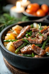 Fototapeta premium Succulent Sliced Beef Stir-Fried with Fresh Green Beans, Potatoes, and Seasonal Vegetables, Perfect for a Cozy Dinner Gathering or Family Meal