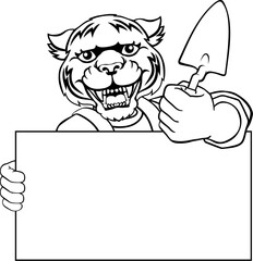 A bricklayer tiger handyman cartoon construction mascot character holding a trowel tool