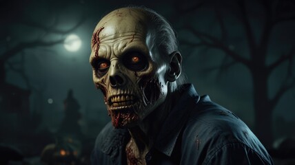 A haunting depiction of a zombie under the moonlight in a graveyard at night reveals chilling details of the undead with glowing eyes and decayed skin